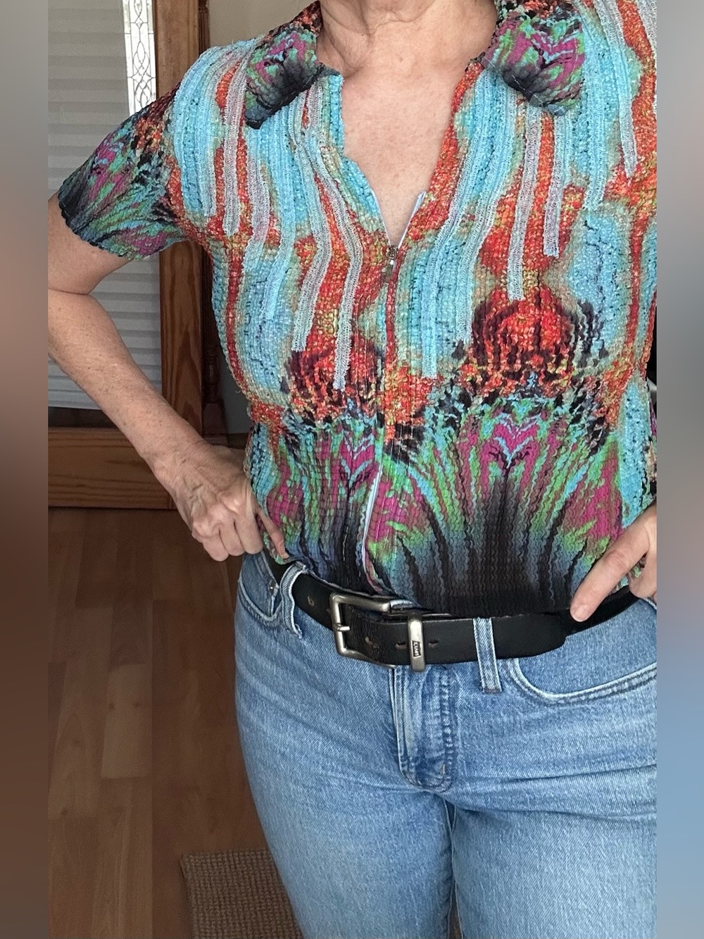 Alberto Makali Colorful lilies short sleeve Stretch polo top shirt Y2K L XL